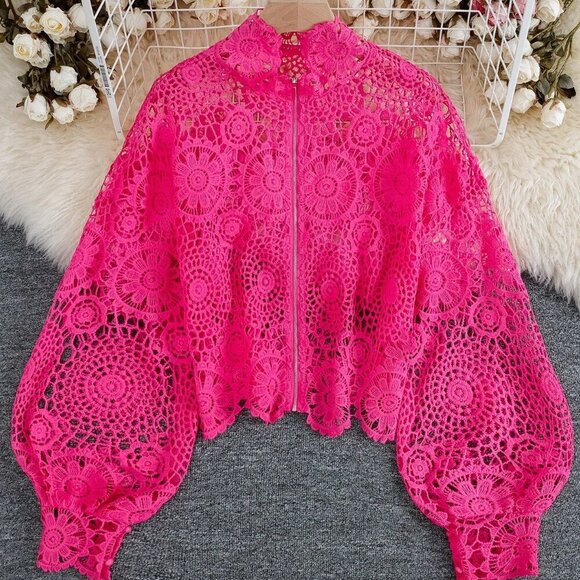 Hot Pink Elegant Women's Floral Lace Hollow Zipper Front Long Sleeve Blouse - Picture 1 of 6